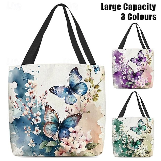 dvtkjj1724149399189 Women's Butterfly Print Canvas Tote Bag with Floral Design, - Image 1
