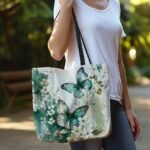 Women's Butterfly Print Canvas Tote Bag with Floral Design, - Image 4