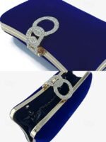 Women's Elegant Blue Velvet Clutch Bag with Rhinestone Ring - Image 6