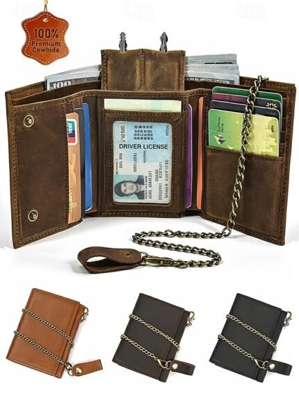 Men's Genuine Leather Wallet with Key Slot & Chain,