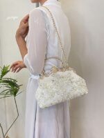 Elegant White Lace Evening Handbag with Pearl and Floral - Image 3