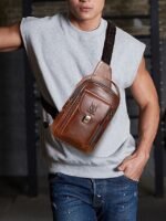 Men's Brown Leather Crossbody Sling Bag with Multiple - Image 2