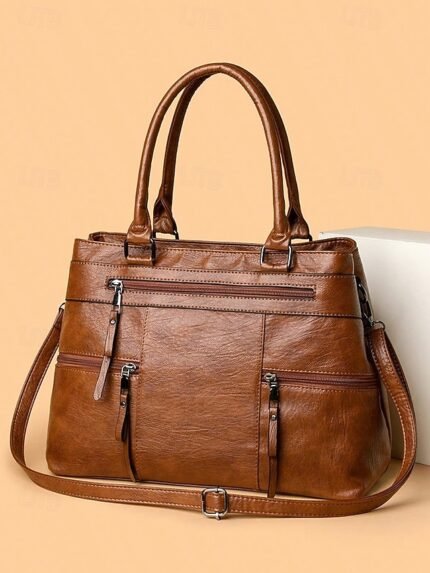 Women's Large Faux Leather Shoulder Tote Bag with Multiple