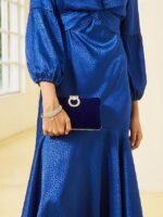 Women's Elegant Blue Velvet Clutch Bag with Rhinestone Ring - Image 3