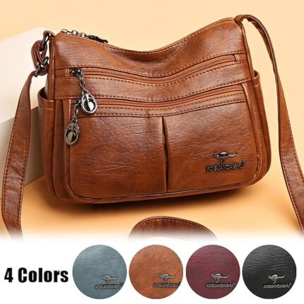 Women's Faux Leather Crossbody Bag - Multi-Pocket Shoulder