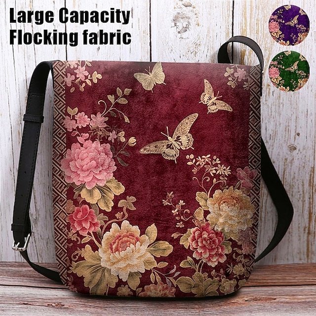 obszmc1734609241288 Vintage Floral Crossbody Bag with Butterfly Print, Lightweight - Image 1