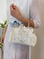 Elegant White Lace Evening Handbag with Pearl and Floral - Image 4