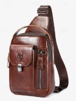 Men's Brown Leather Crossbody Sling Bag with Multiple - Image 8