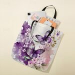Women's Butterfly Print Canvas Tote Bag with Floral Design, - Image 6