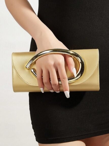 Women's Metallic Evening Clutch Bag with Gold Handle,