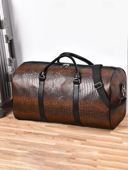 Men's Crocodile Pattern Faux Leather Weekender Bag with
